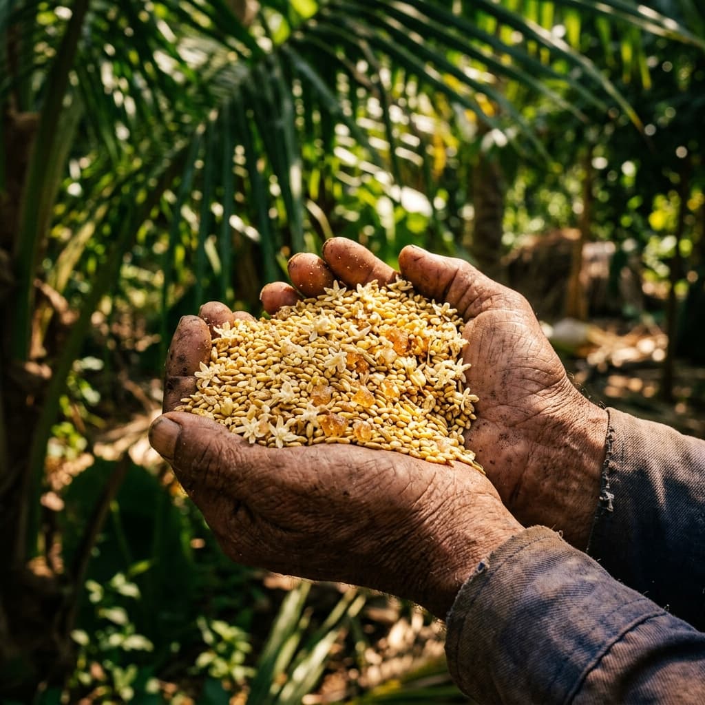 Weathered hands holding millet grains and coconut sugar blossoms